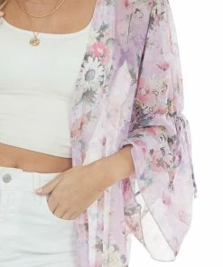 Peach Love Orchid Floral Print Open Front Duster Kimono