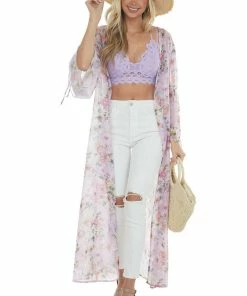 Peach Love Orchid Floral Print Open Front Duster Kimono
