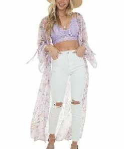 Peach Love Orchid Floral Print Open Front Duster Kimono