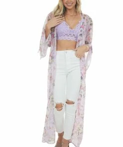 Peach Love Orchid Floral Print Open Front Duster Kimono