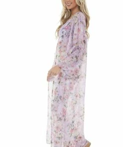 Peach Love Orchid Floral Print Open Front Duster Kimono