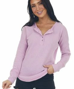 143 Story Orchid Thermal Knit Henley Long Sleeve Top