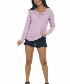 143 Story Orchid Thermal Knit Henley Long Sleeve Top