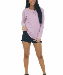 143 Story Orchid Thermal Knit Henley Long Sleeve Top