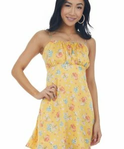 Peach Love Pale Amber Floral Print Ruched Bust Mini Dress