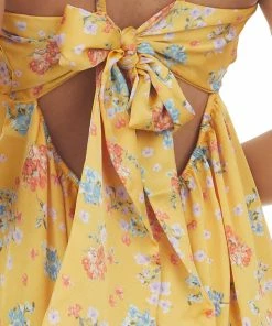 Peach Love Pale Amber Floral Print Ruched Bust Mini Dress