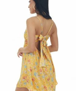 Peach Love Pale Amber Floral Print Ruched Bust Mini Dress