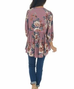 Umgee Pale Berry Floral Long Sleeve Babydoll Blouse Tops 21 Umgee Pale Berry Floral Long Sleeve Babydoll Blouse Tops