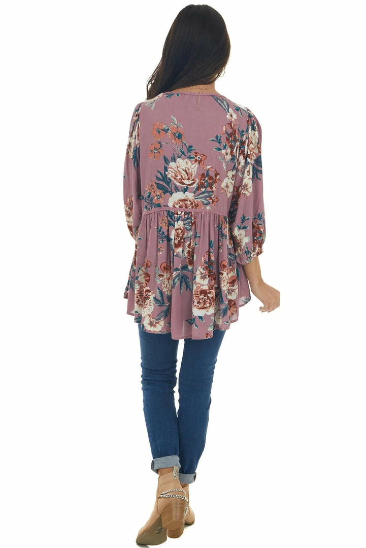 Umgee Pale Berry Floral Long Sleeve Babydoll Blouse Tops 8 Umgee Pale Berry Floral Long Sleeve Babydoll Blouse Tops