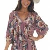 Umgee Pale Berry Floral Long Sleeve Babydoll Blouse Tops