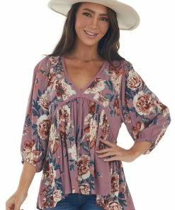 Umgee Pale Berry Floral Long Sleeve Babydoll Blouse Tops