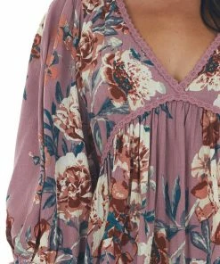Umgee Pale Berry Floral Long Sleeve Babydoll Blouse Tops 22 Umgee Pale Berry Floral Long Sleeve Babydoll Blouse Tops