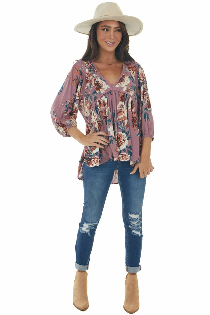 Umgee Pale Berry Floral Long Sleeve Babydoll Blouse Tops 5 Umgee Pale Berry Floral Long Sleeve Babydoll Blouse Tops