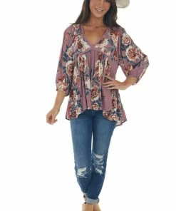 Umgee Pale Berry Floral Long Sleeve Babydoll Blouse Tops