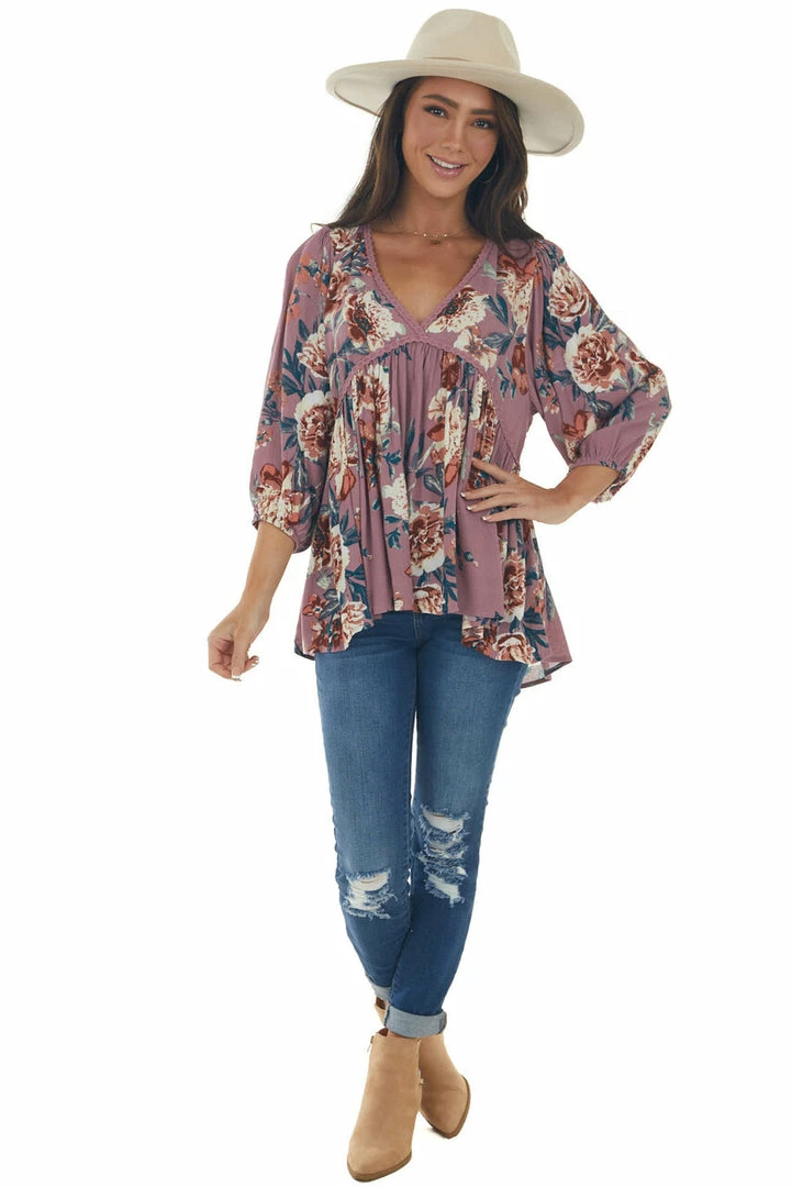 Umgee Pale Berry Floral Long Sleeve Babydoll Blouse Tops 4 Umgee Pale Berry Floral Long Sleeve Babydoll Blouse Tops