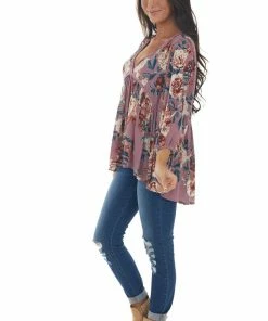 Umgee Pale Berry Floral Long Sleeve Babydoll Blouse Tops 20 Umgee Pale Berry Floral Long Sleeve Babydoll Blouse Tops