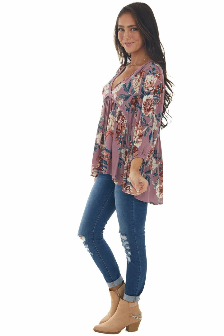 Umgee Pale Berry Floral Long Sleeve Babydoll Blouse Tops 7 Umgee Pale Berry Floral Long Sleeve Babydoll Blouse Tops
