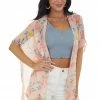 AND THE WHY Pale Coral Floral Print Lightweight Flowy Chiffon Kimono Tops