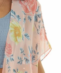 AND THE WHY Pale Coral Floral Print Lightweight Flowy Chiffon Kimono Tops