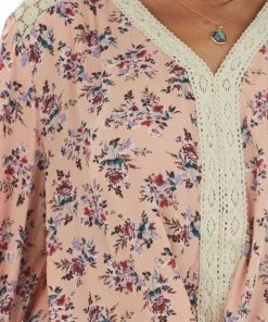 Nostalgia Pale Coral Long Sleeve Floral Front Tie Blouse Tops