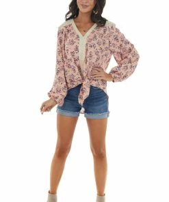 Nostalgia Pale Coral Long Sleeve Floral Front Tie Blouse Tops