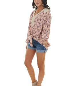 Nostalgia Pale Coral Long Sleeve Floral Front Tie Blouse Tops