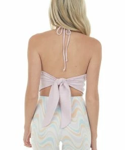 LE LIS Pale Iris Halter Neck Open Back Knit Crop Top Tops