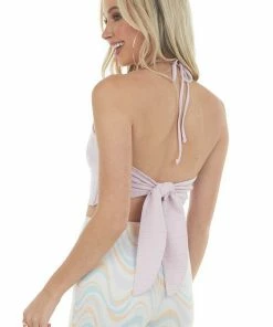 LE LIS Pale Iris Halter Neck Open Back Knit Crop Top Tops