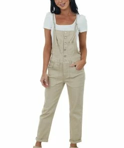 KanCan Dresses Pale Latte Denim Overalls With Chest Pockets