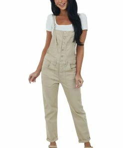 KanCan Dresses Pale Latte Denim Overalls With Chest Pockets