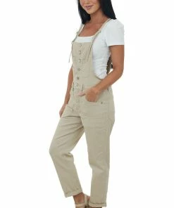 KanCan Dresses Pale Latte Denim Overalls With Chest Pockets