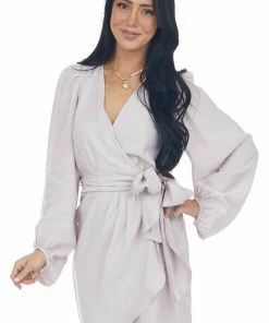 Peach Love Pale Mauve Long Sleeve Surplice Wrap Dress Dresses