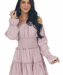 Peach Love Dresses Pale Mauve Off Shoulder Tiered Ruffle Dress