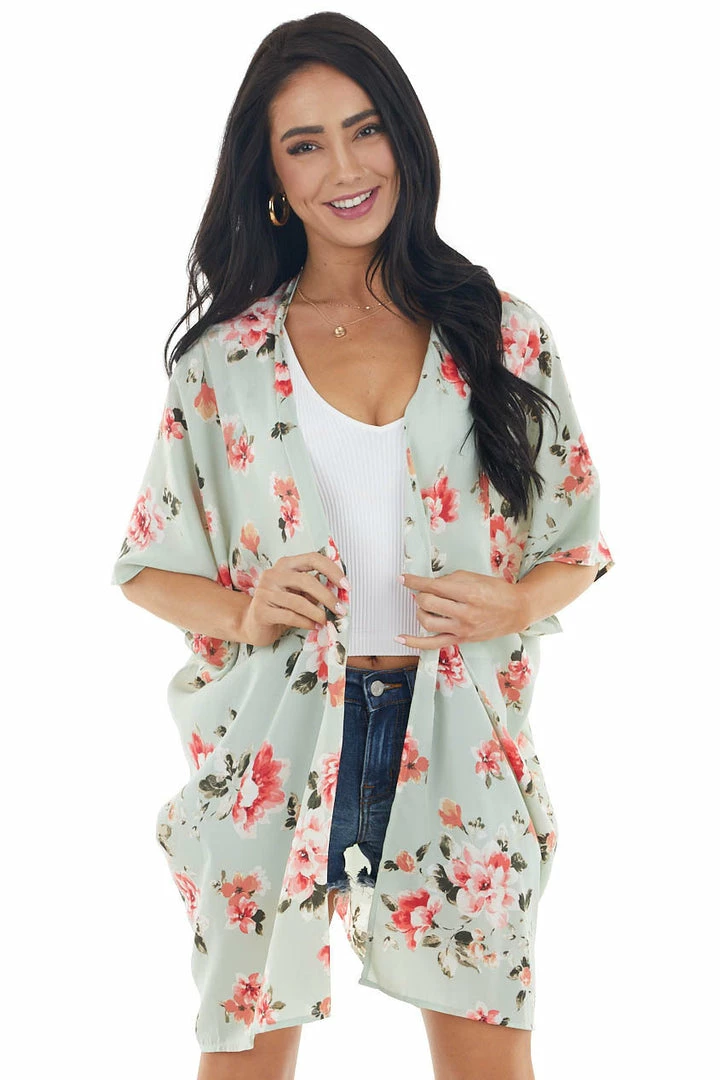 Lovely Melody Tops Pale Mint Floral Open Front Kimono With Back Cut Out Detail 3 Lovely Melody Tops Pale Mint Floral Open Front Kimono With Back Cut Out Detail