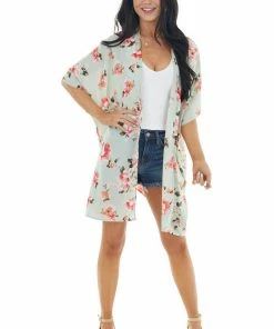 Lovely Melody Tops Pale Mint Floral Open Front Kimono With Back Cut Out Detail 21 Lovely Melody Tops Pale Mint Floral Open Front Kimono With Back Cut Out Detail