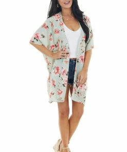 Lovely Melody Tops Pale Mint Floral Open Front Kimono With Back Cut Out Detail 22 Lovely Melody Tops Pale Mint Floral Open Front Kimono With Back Cut Out Detail