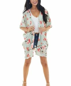 Lovely Melody Tops Pale Mint Floral Open Front Kimono With Back Cut Out Detail 19 Lovely Melody Tops Pale Mint Floral Open Front Kimono With Back Cut Out Detail