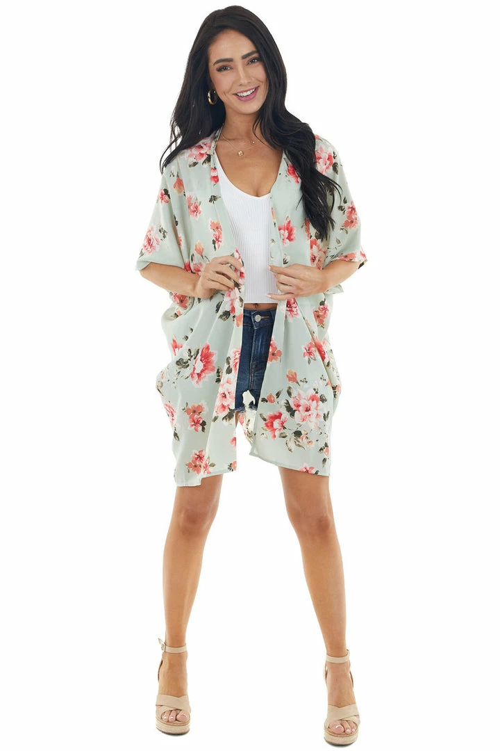Lovely Melody Tops Pale Mint Floral Open Front Kimono With Back Cut Out Detail 4 Lovely Melody Tops Pale Mint Floral Open Front Kimono With Back Cut Out Detail