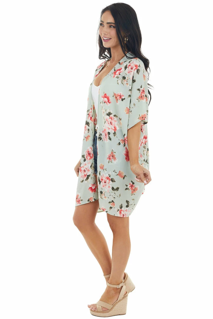 Lovely Melody Tops Pale Mint Floral Open Front Kimono With Back Cut Out Detail 8 Lovely Melody Tops Pale Mint Floral Open Front Kimono With Back Cut Out Detail