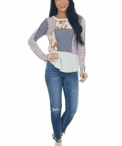 BucketList Pale Mint Multiprint Exposed Seam Detail Knit Top Tops