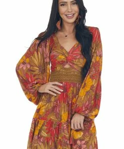 ANGIE Pale Olive Floral Long Sleeve Lace Waist Dress