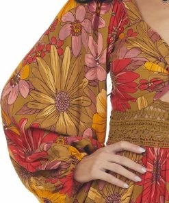 ANGIE Pale Olive Floral Long Sleeve Lace Waist Dress