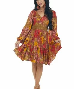 ANGIE Pale Olive Floral Long Sleeve Lace Waist Dress