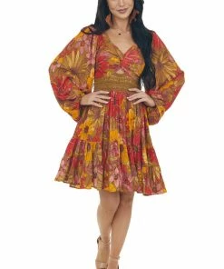 ANGIE Pale Olive Floral Long Sleeve Lace Waist Dress