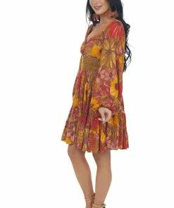 ANGIE Pale Olive Floral Long Sleeve Lace Waist Dress