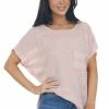 CY Fashion Tops Pale Pink Striped Loose Knit Top With Front Chest Pocket