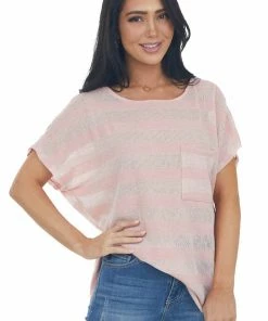 CY Fashion Tops Pale Pink Striped Loose Knit Top With Front Chest Pocket