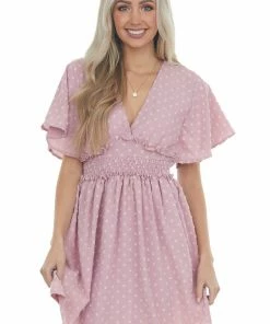 Umgee Pale Punch Swiss Dot Smocked Waist Mini Dress
