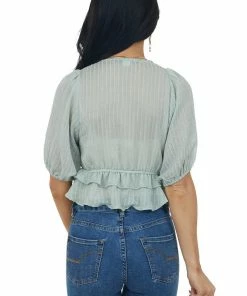 HYFVE Pale Sage Plunging V Neck Short Sleeve Blouse Tops