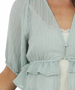 HYFVE Pale Sage Plunging V Neck Short Sleeve Blouse Tops